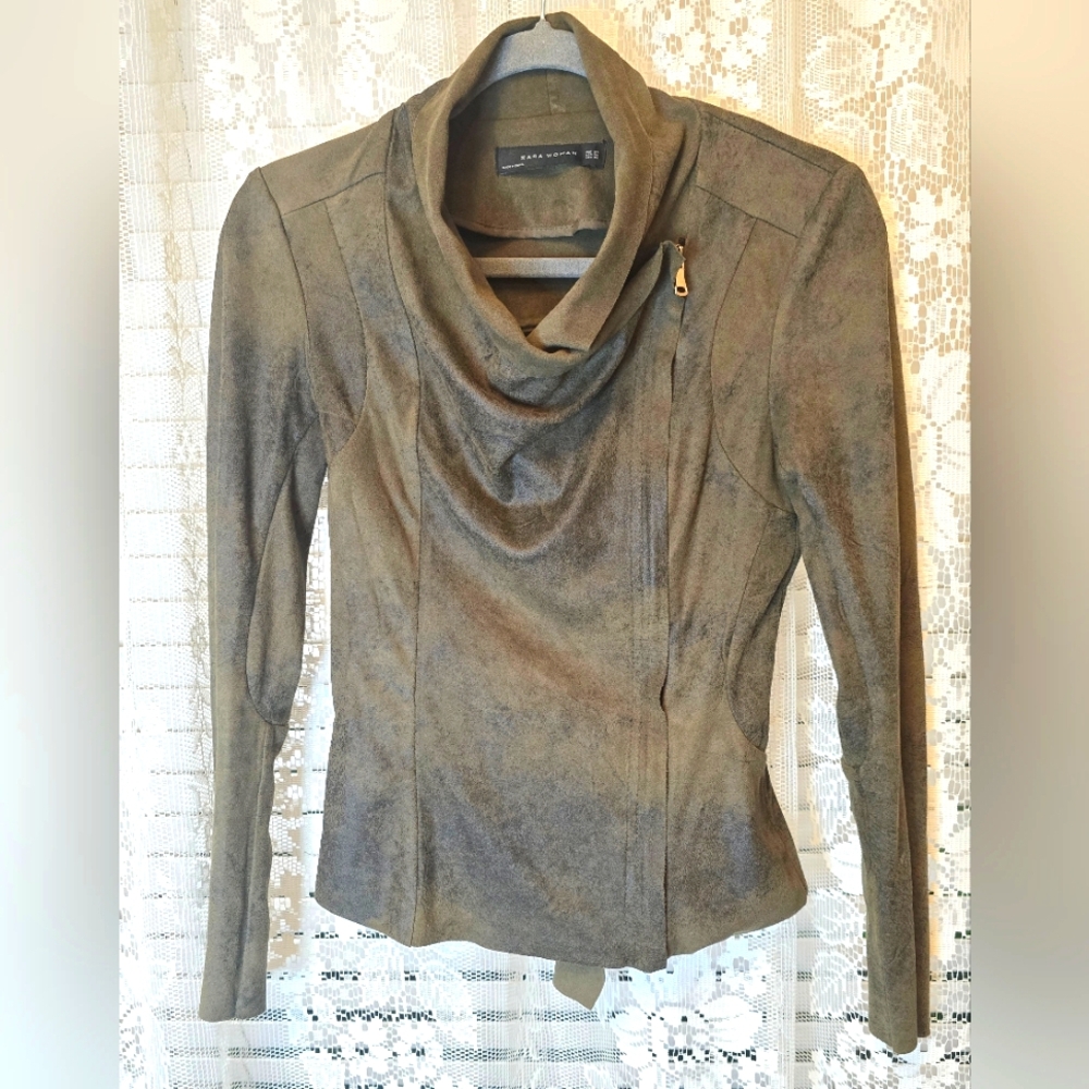 Zara Woman, Long Sleeve Top, Zipper, Faux Suede, XS